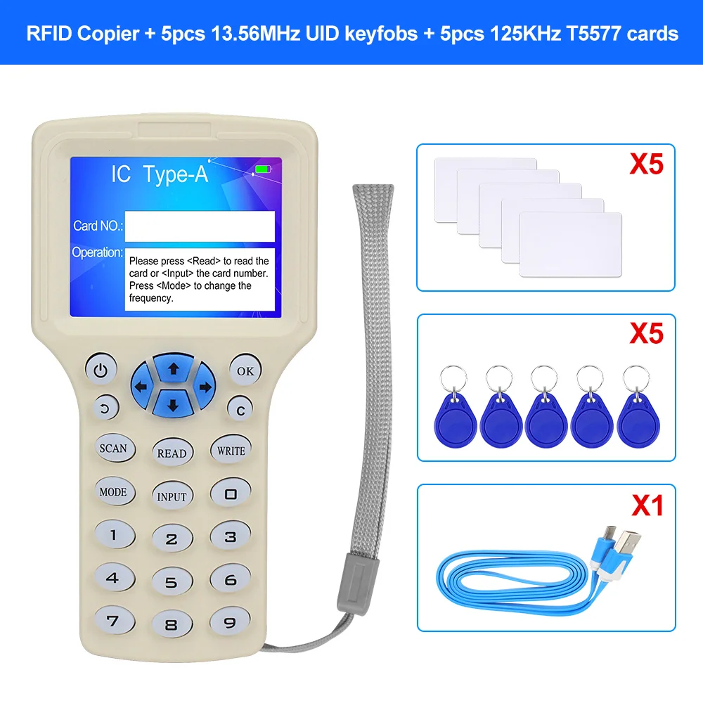 10 English Frequency RFID Copier Duplicator 125KHz Key fob NFC Reader Writer  13.56MHz Encrypted Programmer