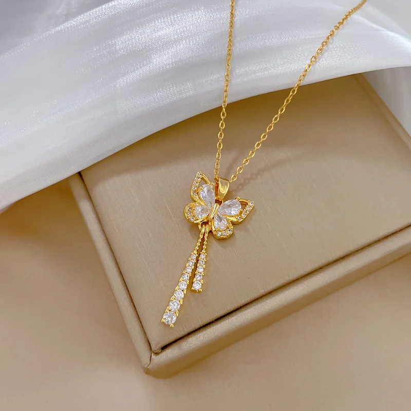 Exquisite Micro Inlaid Zircon Butterfly Tassel Necklace For Women Stainless Steel Moon Butterfly Flower Clavicle Choker Jewelry-animated-img