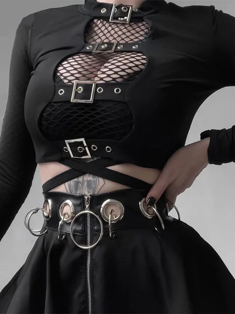InsGoth Sexy Women Crop Tops Hollow 