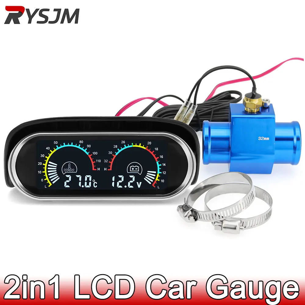 12V 24V 2 IN 1 LCD Digital Truck Car Water Temperature Gauge Voltage 1/8 NPT 10mm Temperature Sensor Adapter 26-40MM Joint Pipe-animated-img