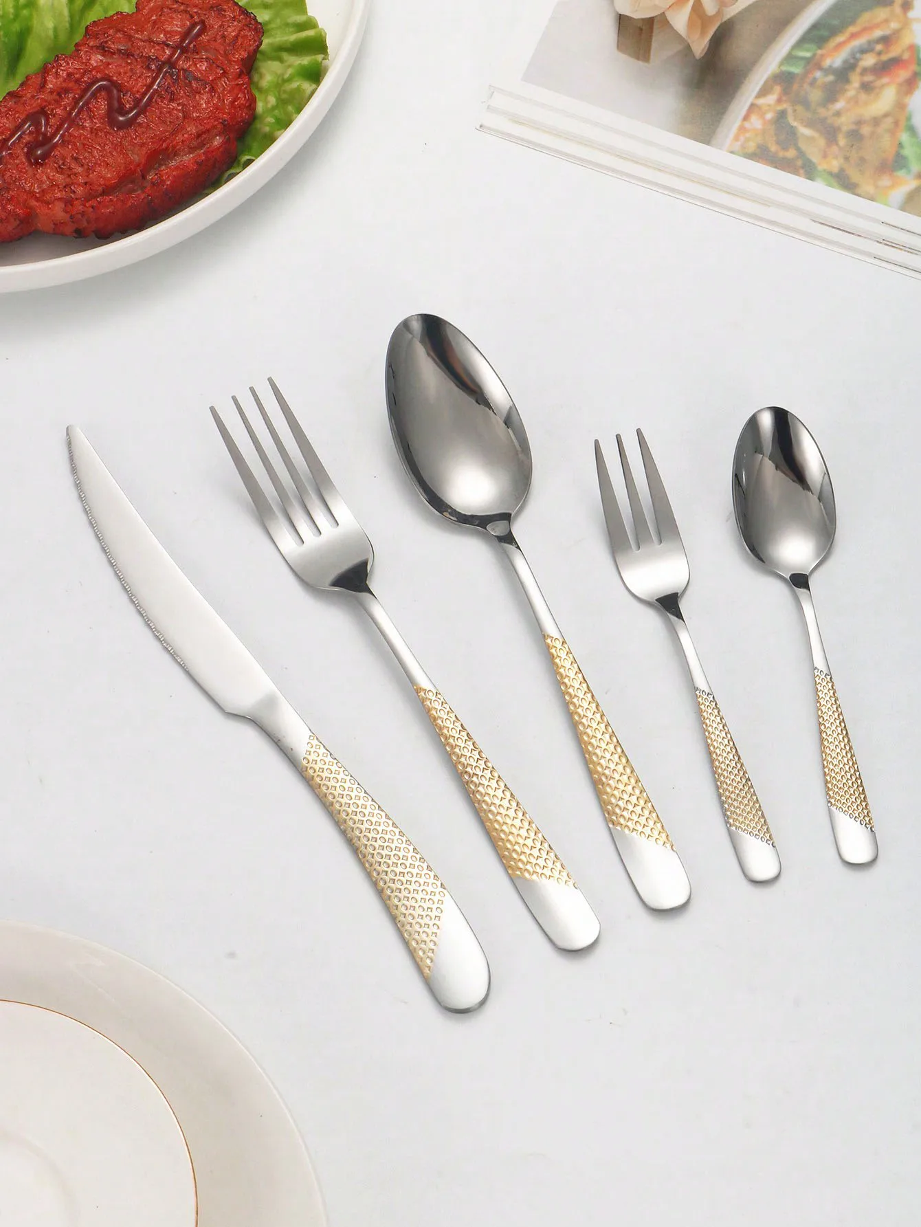 6pc/30pc Stainless steel star drill dinnerware set knife, fork and spoon set for the kitchen and dining room-animated-img