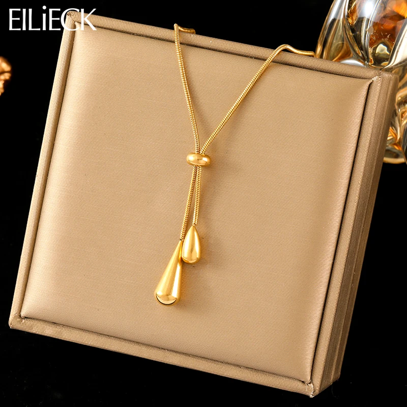 EILIECK 316L Stainless Steel Teardrop Tassel Pendant Necklace For Women Fashion Gold Color Drawstring Neck Chain Jewelry Gift-animated-img