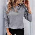 Women's Heathered Loose Fit Sweatshirt, Overlap Button Collar Sweater, Mock Neck Raglan Sleeve Buttoned Hoodie Grey Casual Tops preview-1