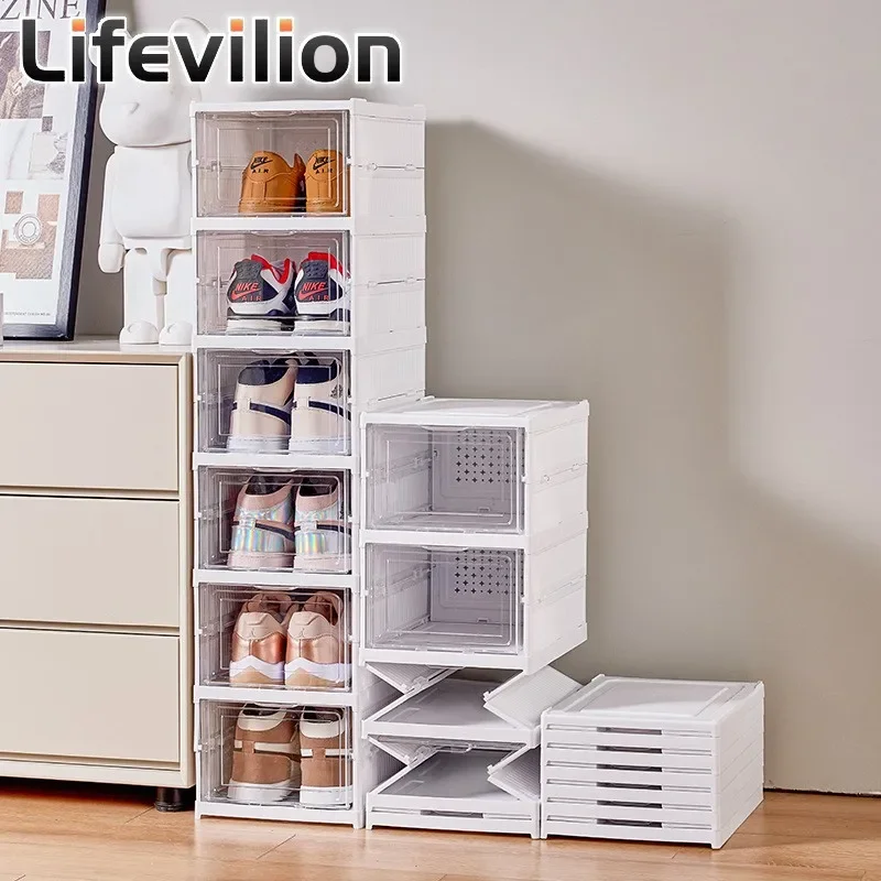 6 Layers Shoes Box Foldable Transparent Sneaker Shoe Storage Organizers Box Stackable Dustproof High-top Cabinet Shoe Rack Shelf-animated-img