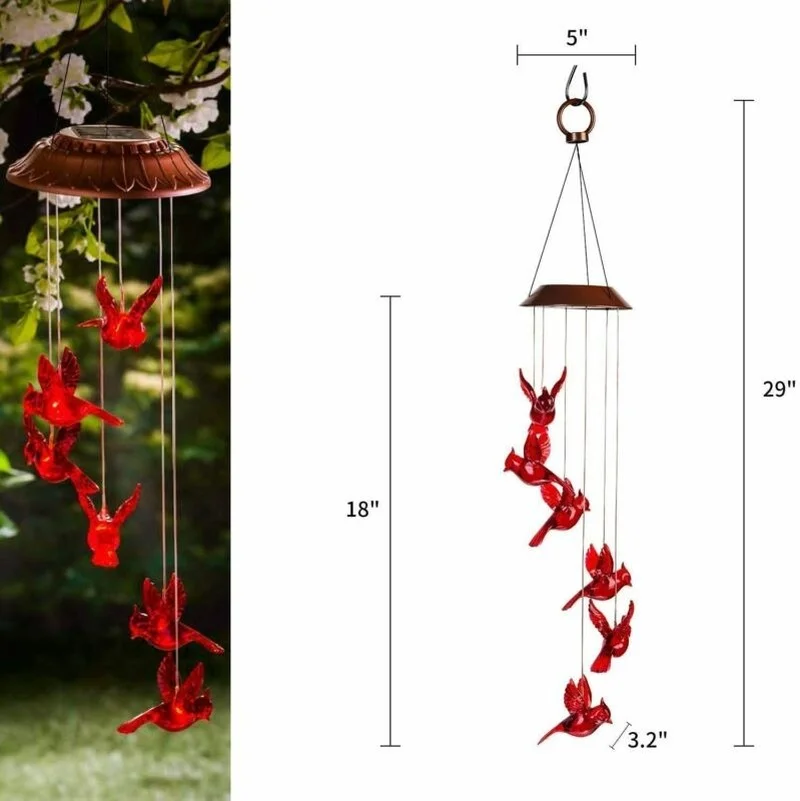 solar cardinal red bird wind chime light