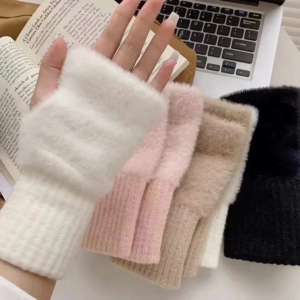 2024 New Mink Fleece Half Finger Gloves for Women's Soft Winter Warmth Luxury Solid Color Plush Knitted Fingerless Gloves-animated-img