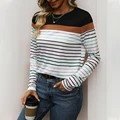 Women's Striped Round Neck Long Sleeve T-Shirt, Ladies Tops, Crew Neck Pullover, Casual Daily Shirts, Black and White Print Tee preview-1