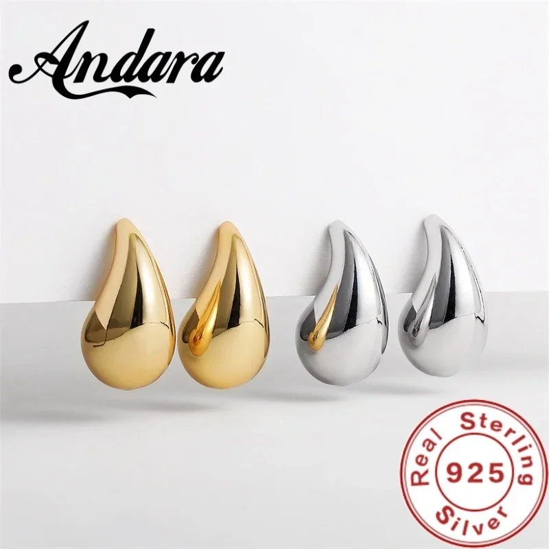 925 Sterling Silver 18K Gold Plated Chunky Dome Water Drop Earring for Women Vintage Glossy Thick Teardrop Hoop Earrings Jewelry-animated-img