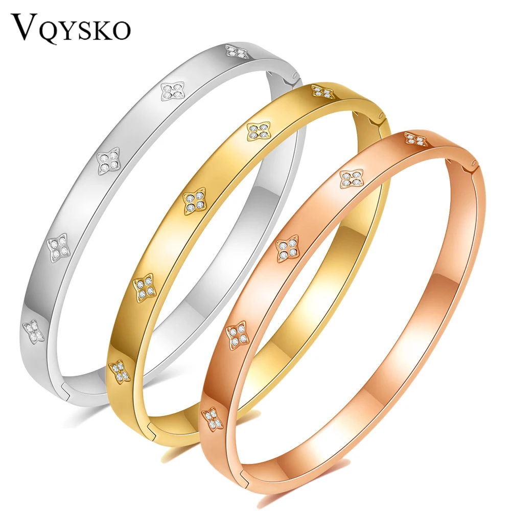 VQYSKO Four Leaf Bracelet Zircon Flower Bangle Women's Jewelry Minimalist Gifts Valentine's Day Give For Her-animated-img