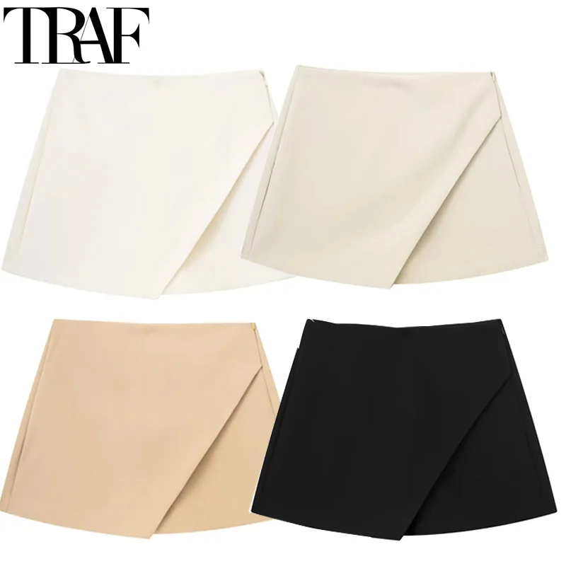 TRAF Skort For Women High Waist White Black Skirt Pants Woman Summer 2024 Asymmetric Khaki Skirt Shorts Casual Women's Skort-animated-img