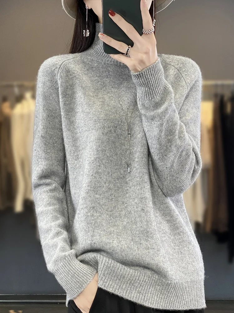 Autumn Merino Wool Sweater Mockneck Cashmere Pullover Knitwear Women  Fashion Basic Slim Long Sleeve Spring Clothing Tops-animated-img