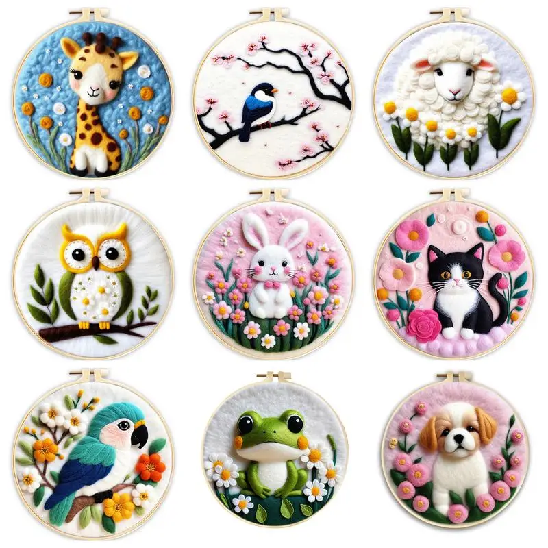 1 Pack Flowers Cat Pattern Diy Needle Felting Kit With Embroidery Hoop Complete Wool Craft Set With Tools Wool Craft Set Artwork-animated-img