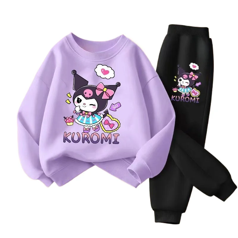 SANRIO Spring Autumn Children Clothing Sets Cartoon Kuromi Print Girls Sweatshirt  2pcs Suit Breathable Thin Kids Tracksuit-animated-img