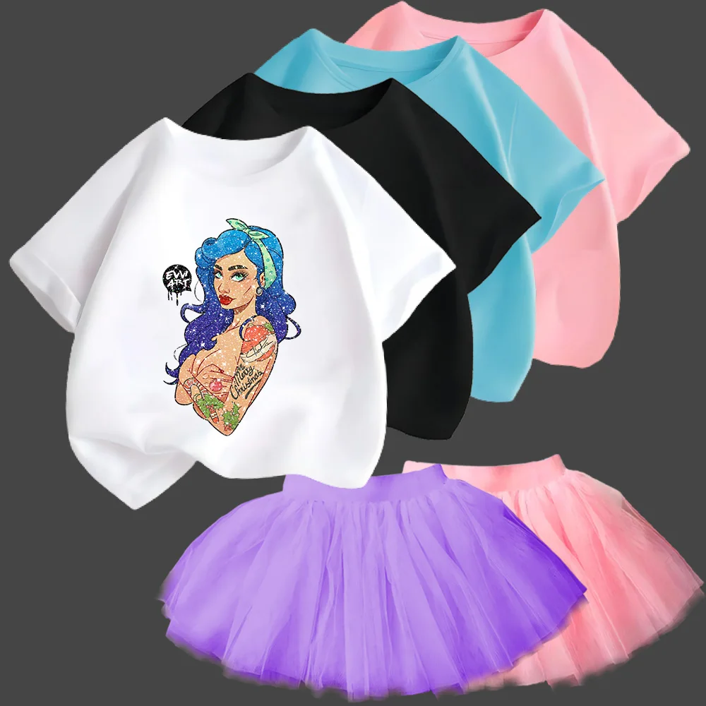 Pure Cotton T-shirt Sets for Children Sparkling Printed Tops with Mother Kids Party Casual Fashion Short Skirt Girl's Clothing-animated-img