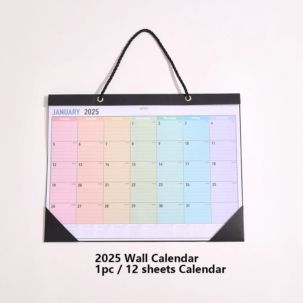 12 sheets 2025 Colorful Monthly Wall Calendar Rainbow Weekly Planner Daily Study Check-in Message Hanging Calendar For School-animated-img