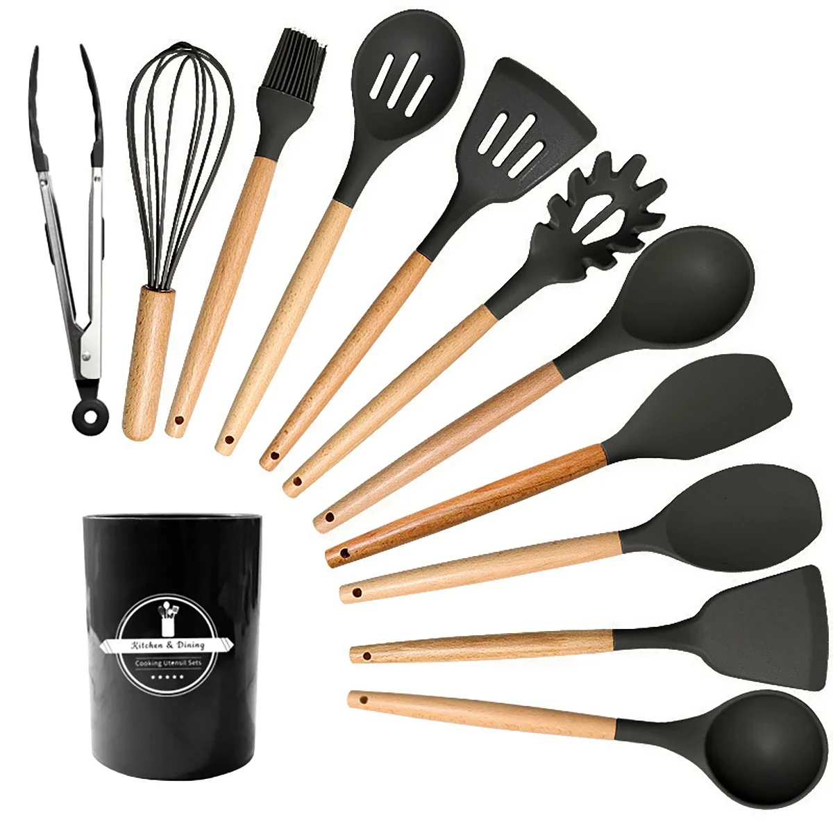 12Pcs Wooden Handle Silicone Kitchen Utensils Silicone Kitchen Utensils Non-stick Pan Cooking Spatula Baking Storage Tool-animated-img