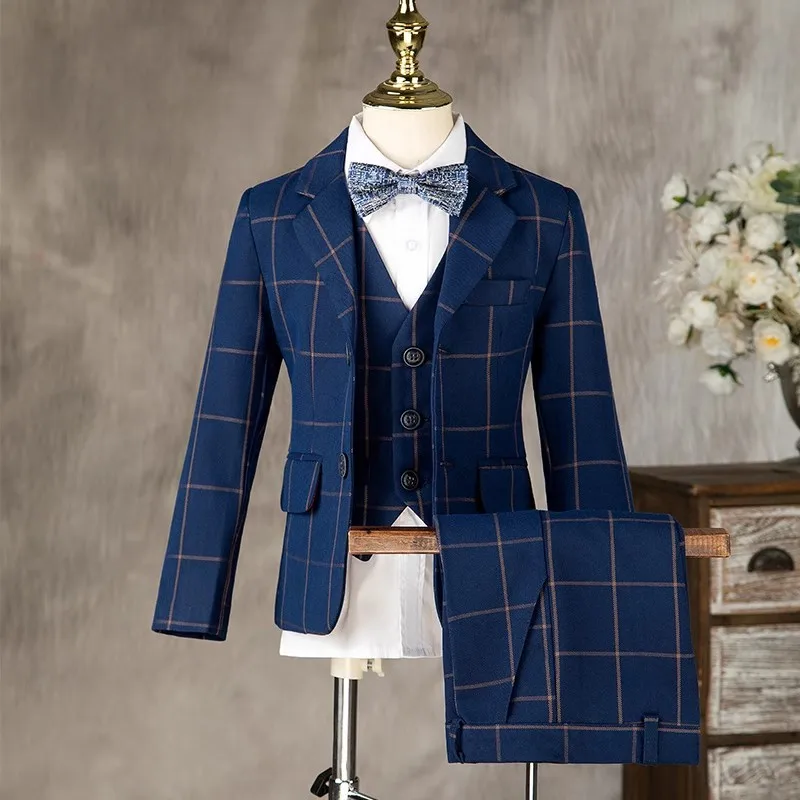 Boys Formal Navy Plaid Suits Set Children Host Piano Performance Birthday Party Photography Costume Kids Blazer Pants-animated-img