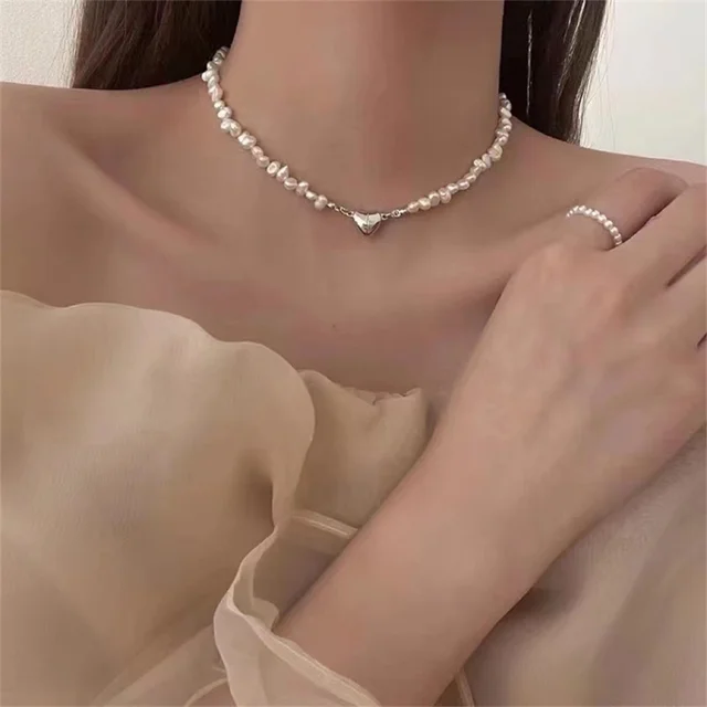 Korean Fashion Pearl Chain Choker Necklace for Women Girls 2022 Trend Jewelry Heart Pendant Necklace Bridal Engagement-animated-img