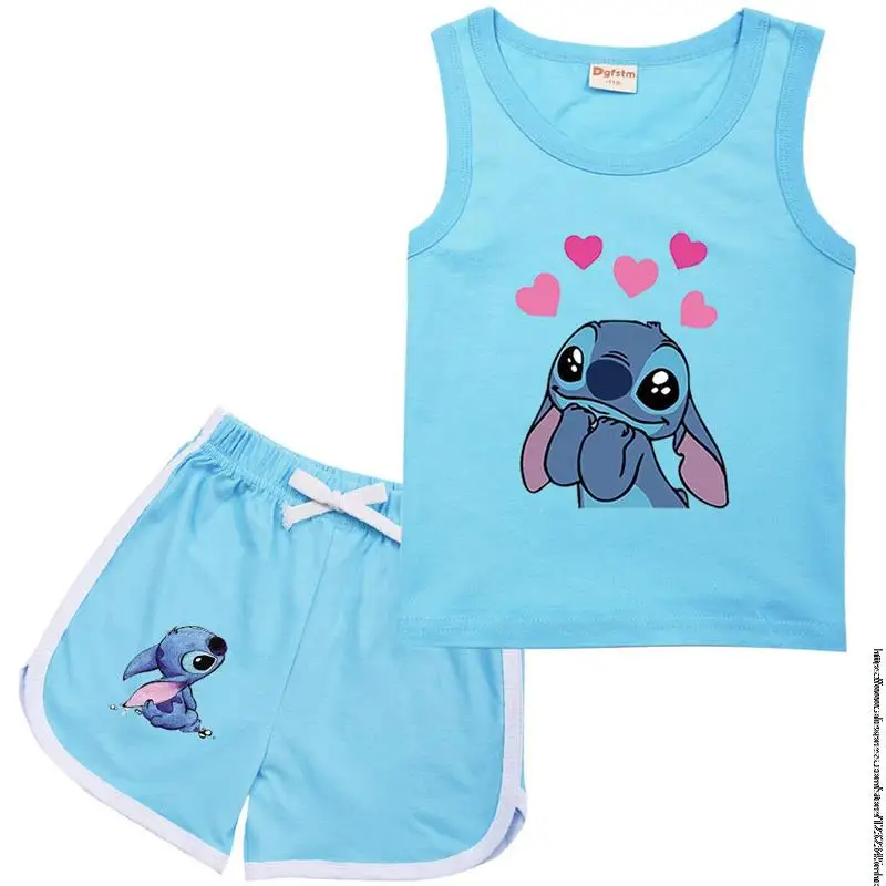 Disney Stitch Sports Clothes Suit Children Fashion Leisure Sleeveless Girls Vest + T-shirt 2Pcs Sets Kids Spring Summer Wear-animated-img