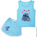 Disney Stitch Sports Clothes Suit Children Fashion Leisure Sleeveless Girls Vest + T-shirt 2Pcs Sets Kids Spring Summer Wear