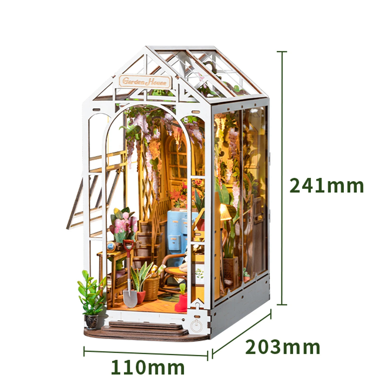 Robotime Rolife Gardenhouse Book Nook DIY Dollhouse Bookend Model Kit with LED Light Wooden Puzzle for Bookshelf Decor - TGB06-animated-img