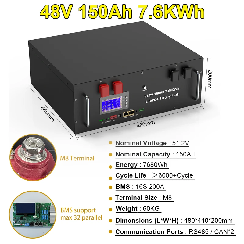 New 48V 120Ah 100Ah 200Ah LiFePo4 Battery Pack Built-in BMS 51.2V 5.12kw 32  Parallel with CAN RS485 Lithium Ion Battery NO TAX