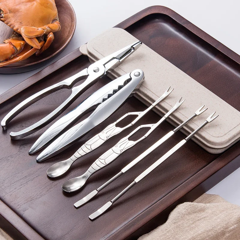 Seafood Tool Sets Crab Crackers Picks Spoons Set Stainless Steel Crab Peel Shrimp Tool Lobster Clamp Pliers Clip Pick Set-animated-img