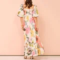 Women Floral Print Maxi Dress Square Neckline Lantern Sleeves Silhouette for Vacation Prom or Party Cotton and Line Long Dresses preview-3