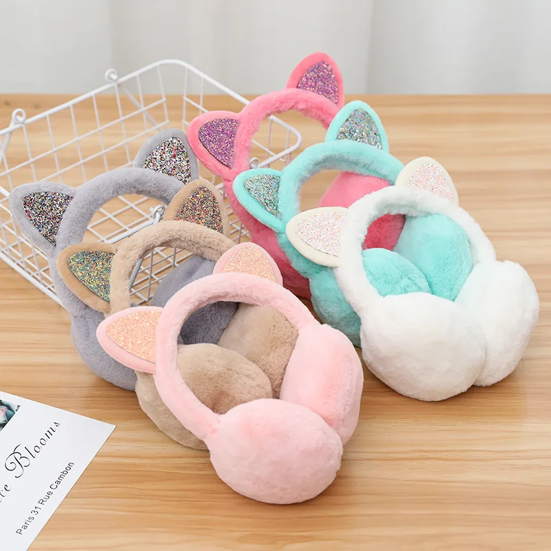 New Lovely Winter Warm Cat Ear Warmers Glitter Ears Plush Earmuffs for Women Playful Girls Ear Muffs Cold Protection Warm Hot-animated-img