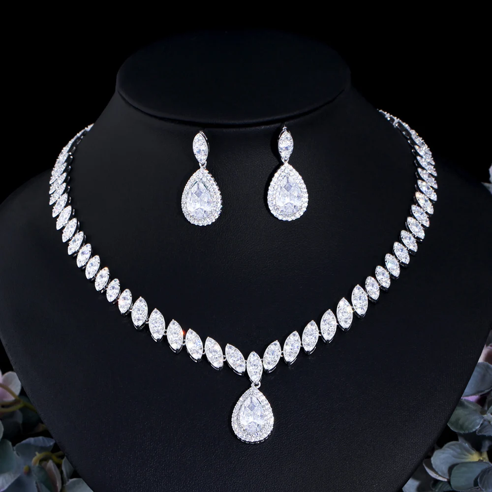 CWWZircons Water Drop Cubic Zirconia Wedding Necklace and Earrings Luxury CZ Crystal Bridal Jewelry Sets for Bridesmaids T109-animated-img