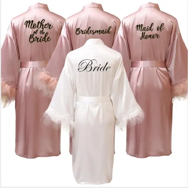 new bride bridesmaid robe with white black letters mother sister of the bride wedding gift bathrobe kimono satin robes-animated-img