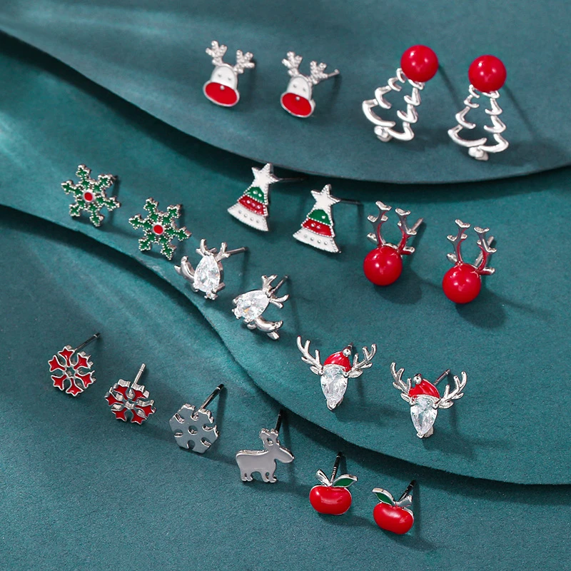 Exquisite Inlaid Zircon Christmas Small Stud Earrings For Women Red Elk Snowflake Xmas Tree Snowman Asymmetrical Earring Jewelry-animated-img