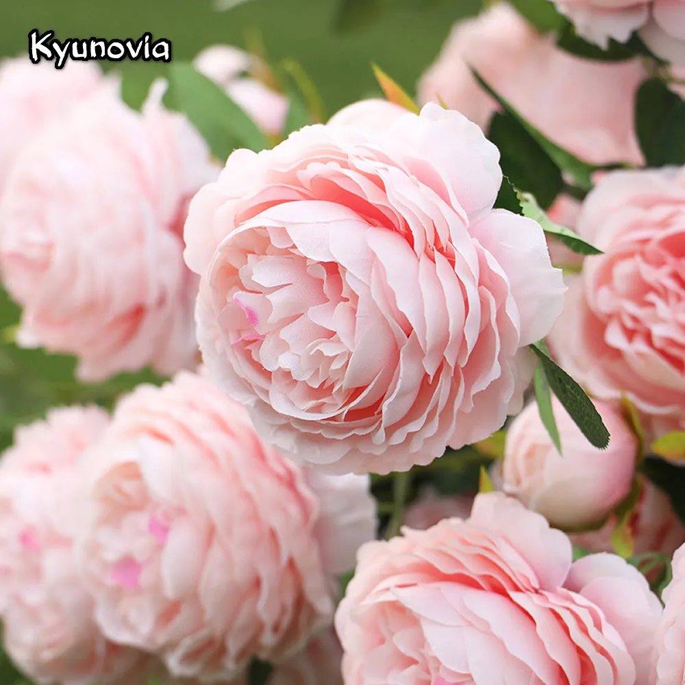 Kyunovia Rosa Decoration Artificial Silk Flowers Leaves 3 heads Long Roses Stem Velvet Rose Wedding Party Home Decorative KY39-animated-img