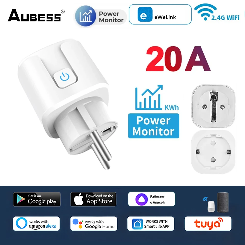 WiFi 20A Smart Plug Socket With Power Monitoring Timing Function Voice  Control