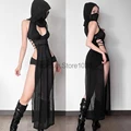 New Sexy Japanese Ninjas Cosplay Costume For Women Black Hooded Deep V Hollow Out Slim Dress Halloween Pagan Gothic Costumes preview-1