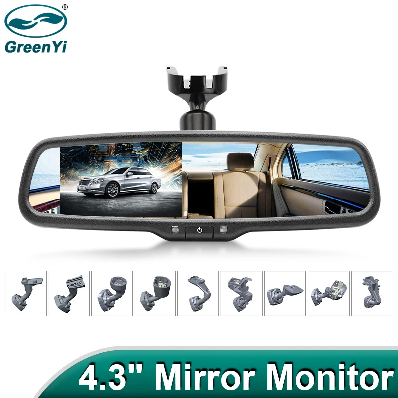 GreenYi 4.3" TFT LCD Car Special Bracket Rear View Mirror Monitor for Parking Assistance System With 2 RCA Video Player Input-animated-img
