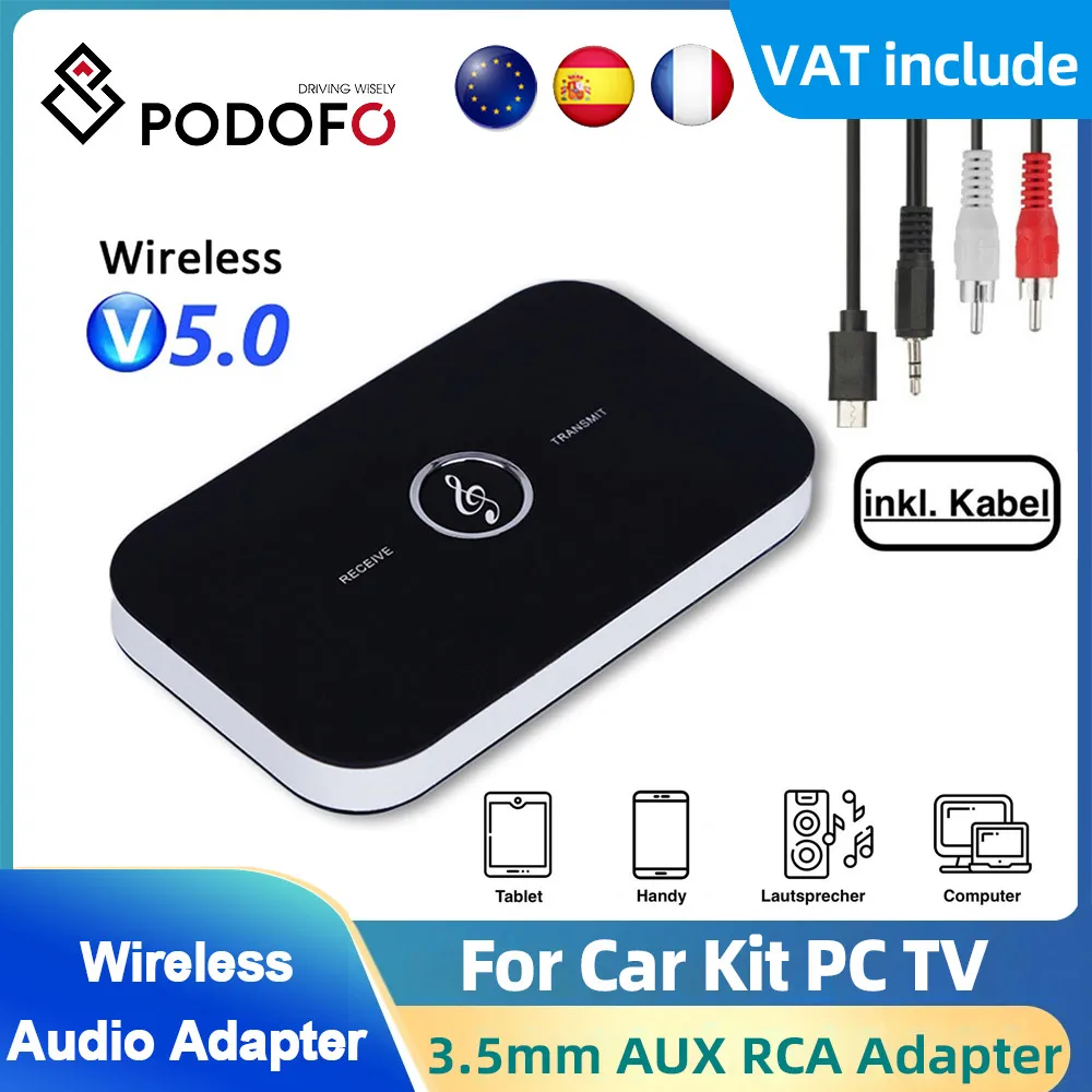 Podofo Bluetooth 5.0 Sound Transmitter Stereo Receiver 3.5mm AUX RCA Key USB Wireless Music Adapter For Car Kit PC TV Headphones-animated-img