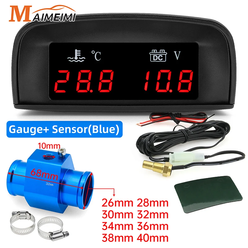 2 in 1 Car Gauge Water Temperature Gauge + Voltmeter With 1/8NPT Water Temperature Sensor Adapter Universal For 12V Vehicle Car-animated-img