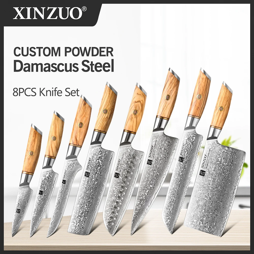 XINZUO 1-8pcs Kitchen Knife Set 73 Layers Custom Damascus Steel 15°±1 Per Side Steel Blade with Olive Wood Handle-animated-img