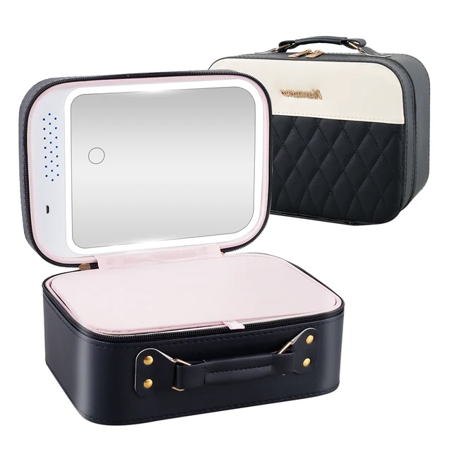 LED Lighted Cosmetic Case Mirror Makeup Storage Bag Portable Travel Waterproof PU Leather Adjustable luminance Large Capacity-animated-img