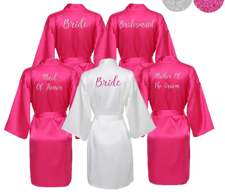 2019 Silk Satin Bridesmaid Sexy Robes Bridal Bath Robe Hot Pink Robes Wedding Silver Matte Printing White Bathrobe Short-animated-img