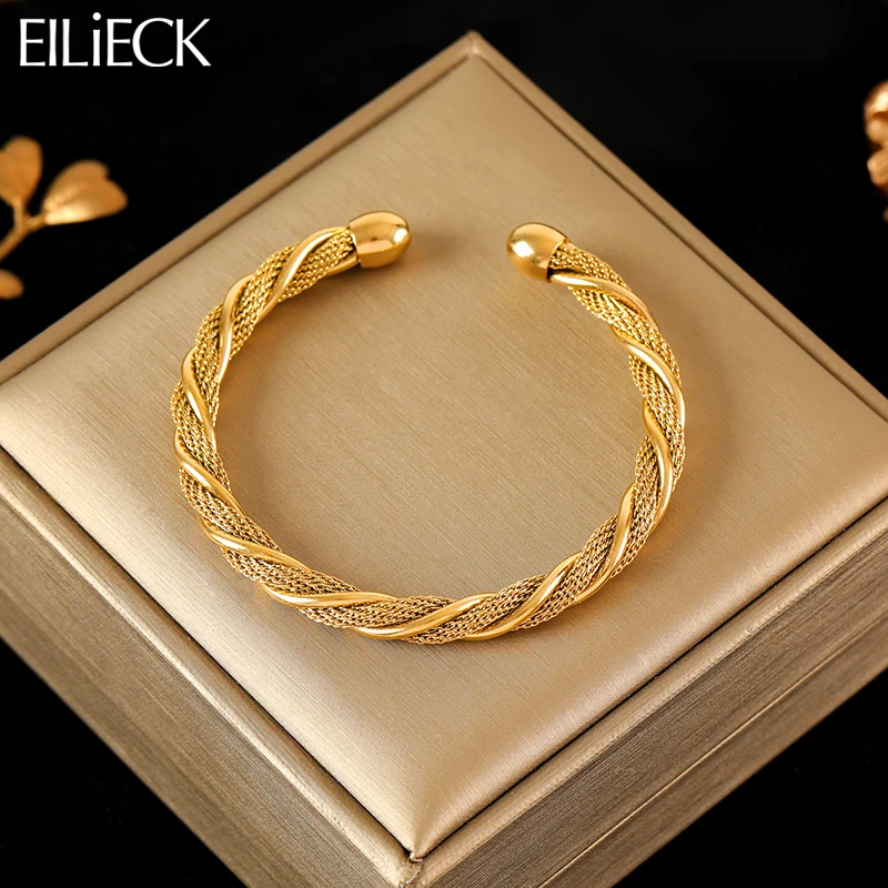 EILIECK 316L Stainless Steel Gold Color Twisted Bangles For Women New Trendy Adjustable Bracelet Waterproof Jewelry Gift Party-animated-img