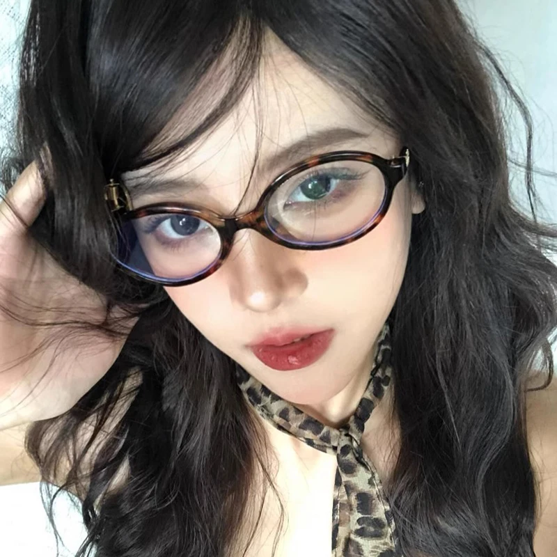 Y2K Retro Oval Frame Anti-Blue Light Glasses Sweet Cool Girls Black Leopard Glasses Vintage Simple Women Plain Glasses Eyewear-animated-img