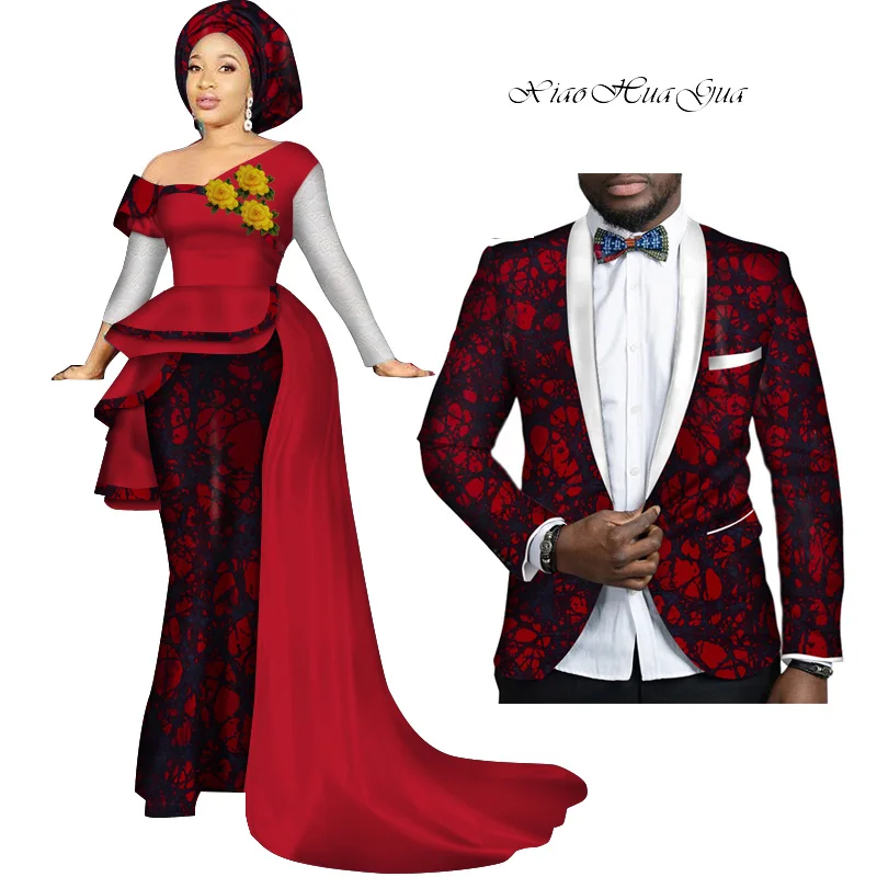 2pcs Set African Dresses for Women Bazin Riche Women Party Dress Mens Shirts  Men Casual Tops Couple Lover Wedding Clothes WYQ633