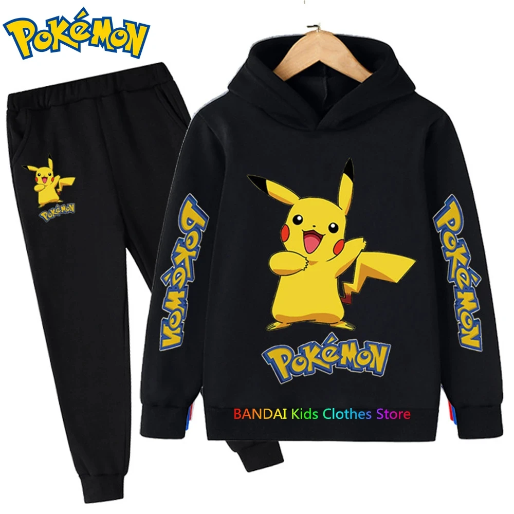 Pokemon-Pikachu Boy Girl Hoodie Suit Cotton Kids Hooded Sportswear Set Pants Boys Clothes 2 pes 4 5 6 7 8 9 10 11 12 13 14 Y-animated-img