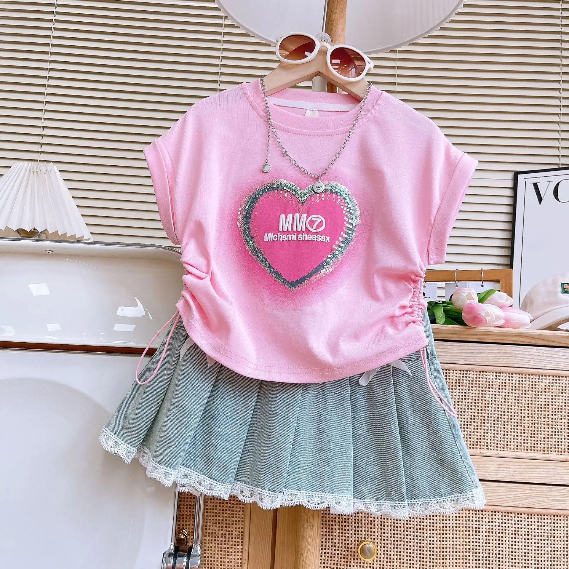 Children's Clothing Sets Sequin Heart Drawstring Short Sleeve + Lace Denim Pleated Skirt Sets Kids Clothes Girls 3 To 7 Years-animated-img