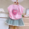 Children's Clothing Sets Sequin Heart Drawstring Short Sleeve + Lace Denim Pleated Skirt Sets Kids Clothes Girls 3 To 7 Years