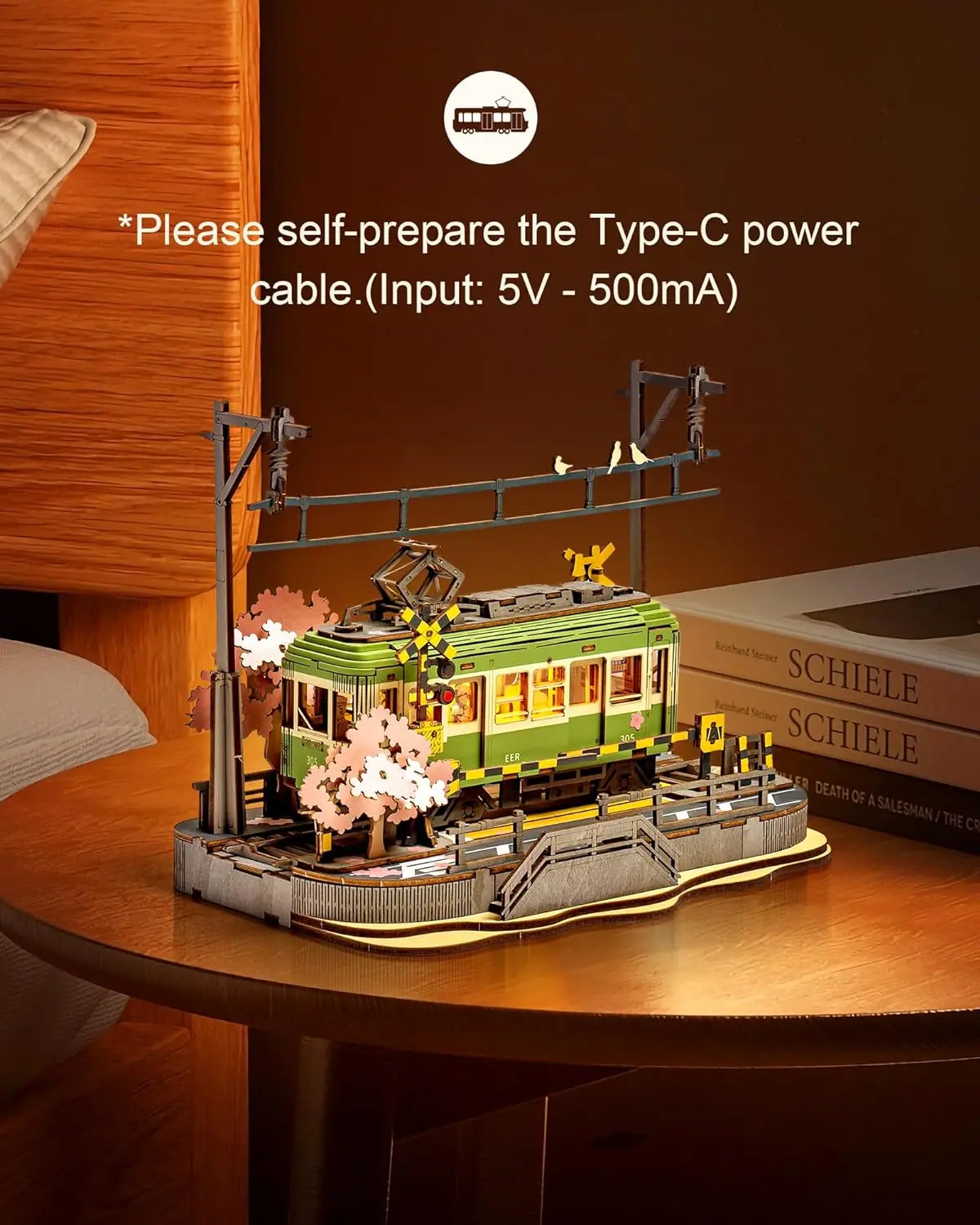 Robotime Model Kits Sakura Tram with LED Lights 3D Wooden Puzzles Home Decor Gift for Adults Women Girls-animated-img