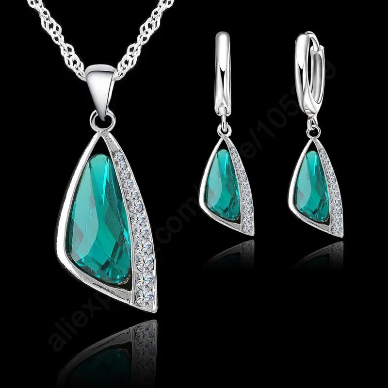 Hot Selling 925 Sterling Silver Women Wedding Jewelry Sets With Green Triangle Crystal Earrings Necklace Set Wedding Gifts-animated-img