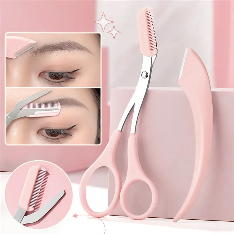 Eyebrow Trimmer Scissors with Comb Stainless Steel Eyebrow Eyelash Hair Scissors Portable Pink Eyebrow Trimmer Set Make Up Tools-animated-img